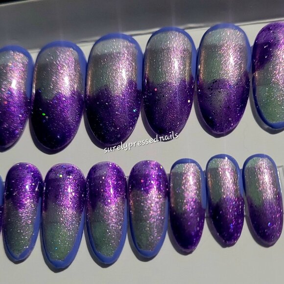 Shimmer Purple, Lilac lined, Glitter Purple Wave Oval Shaped= Press on Nails - Picture 2 of 3